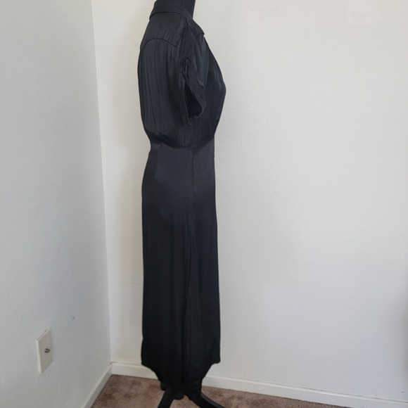 Mango Suit Black Midi Pearl Snap Button Up Collar Short Sleeve Satin Dress Small - Picture 10 of 16